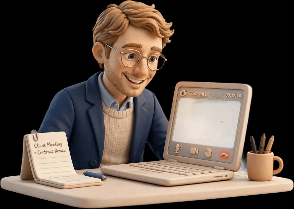 Un advocat somrient durant una videotrucada des del seu escriptori
