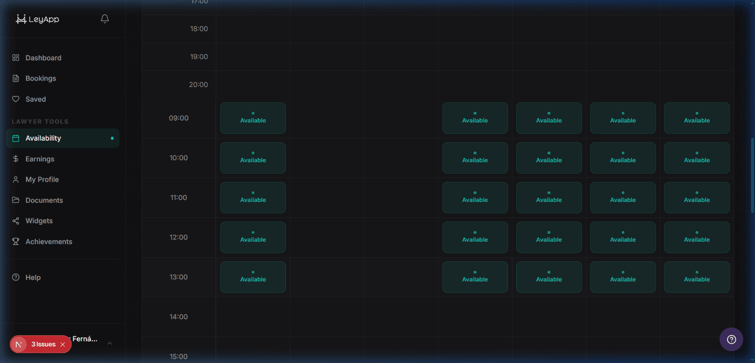 Availability schedule setup view
