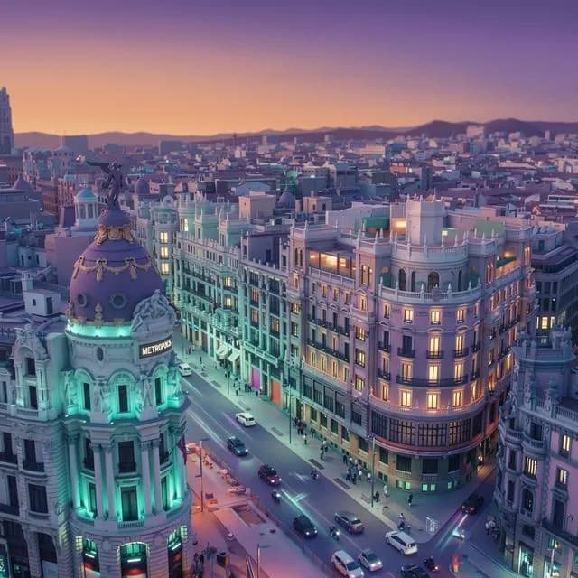 Sunset view of Gran Via in Madrid